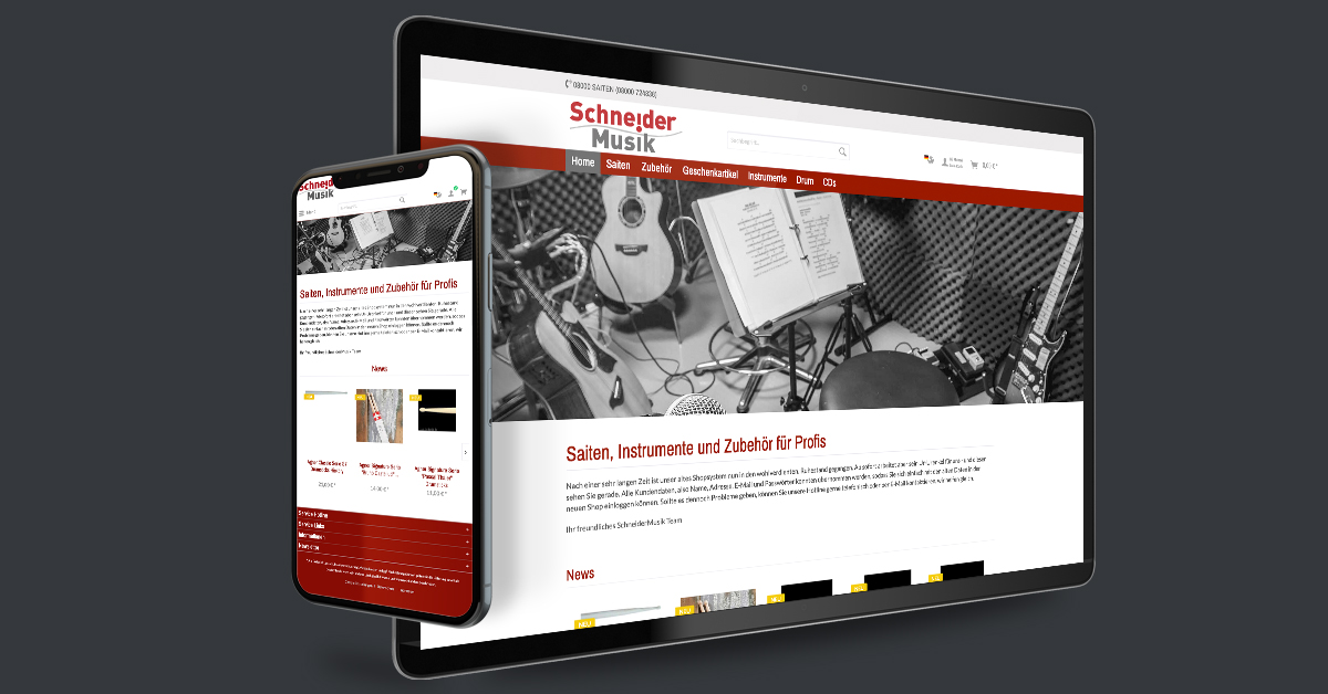 Onlineshop für die SchneiderMusik GmbH – Bad Elster. Der Onlineshop wird mit Shopware durch den Kunden gepflegt.